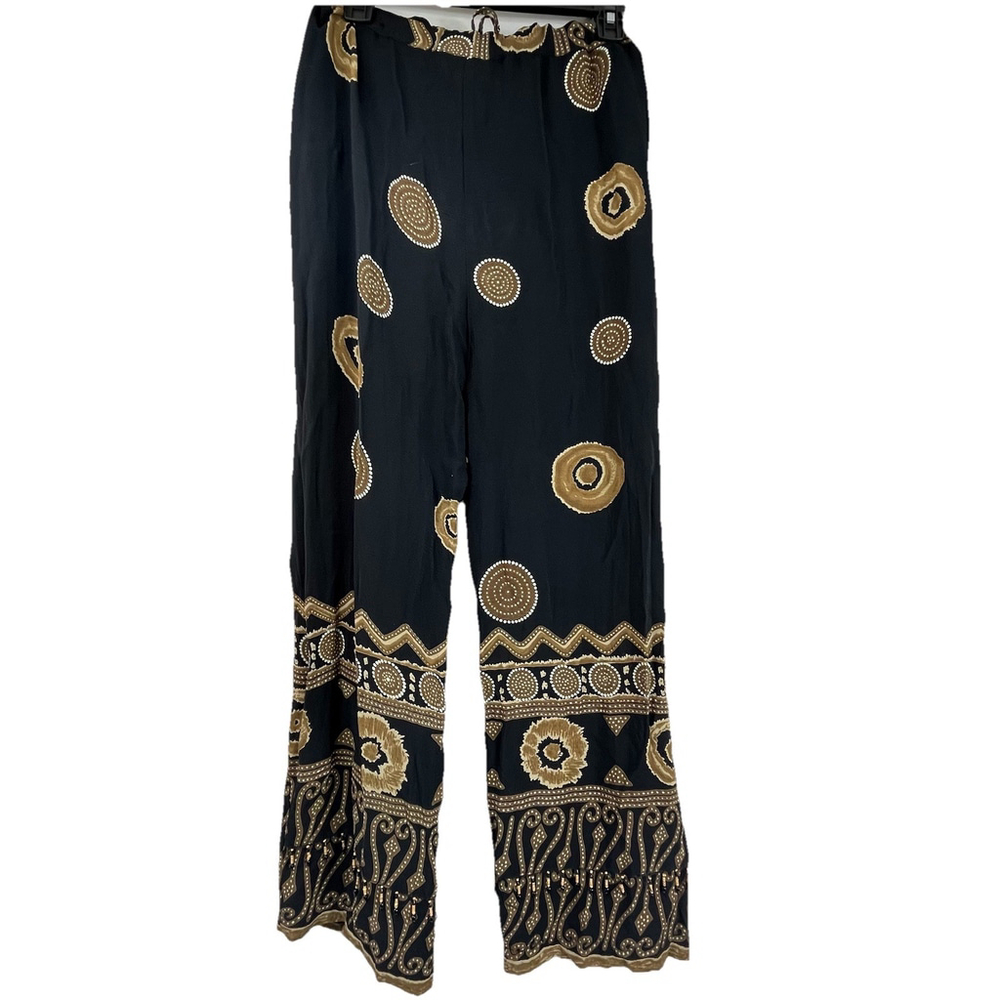 Caribbean Pacific Boho Wide Leg Pants Black Gold Beaded Rayon Size L - Picture 9 of 16